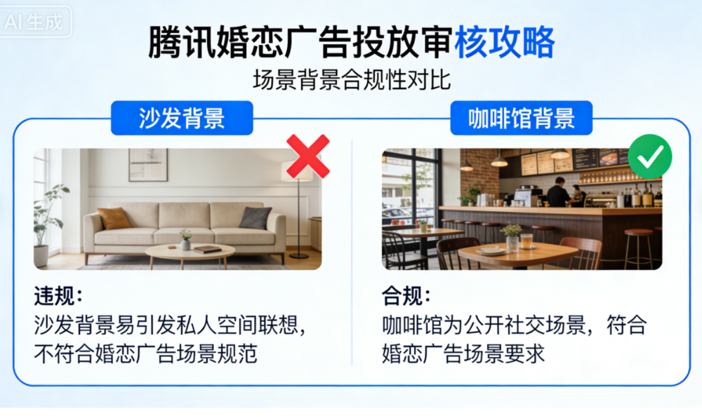 騰訊婚戀廣告投放審核里，“沙發(fā)/床”這類居家軟裝背景是高頻拒審雷區(qū)！